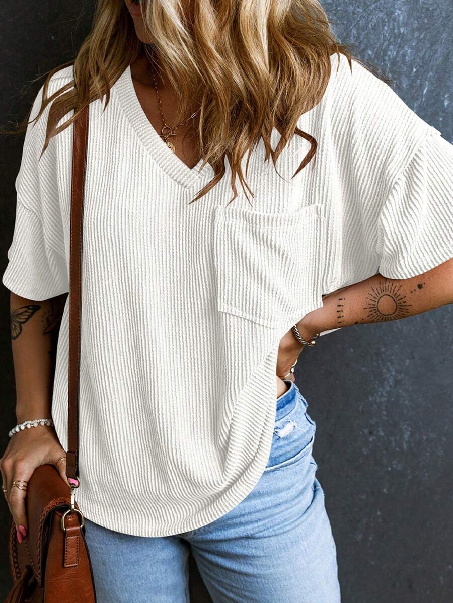 CILKOO Women's Loose Twist Textured V-Neck Pocket Short Sleeve T-Shirt, Spring/Summer - White - View 1