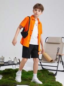 SHEIN Leap Crew Tween Boy 4 件纯色衬衫 & T 恤 & 斜挎包 & Cool Tape 运动短裤 - 彩色 - 查看 3