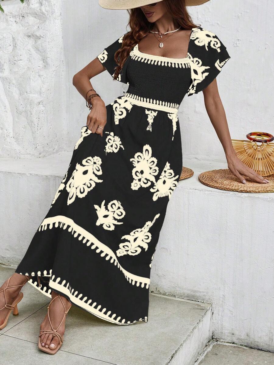 SHEIN Clasi Đầm ngắn tay cổ vuông phong cách nghỉ hè (In ngẫu nhiên) - màu đen - Xem 1