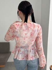FRIFUL Women's Printed Ribbon Tie Peplum Hem Bell Sleeve Casual Shirt,Ruffle Vacation Outfits Women Floral - Baby Pink - View 3