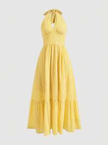 Aloruh Women's V-Neck Checkered Dress With Ruffle Trim, Halter Design - Yellow - View 1