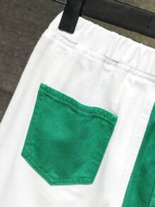SHEIN Bermudas informales de mezclilla holgadas con pierna recta de bloques de color para niños preadolescentes, para el verano