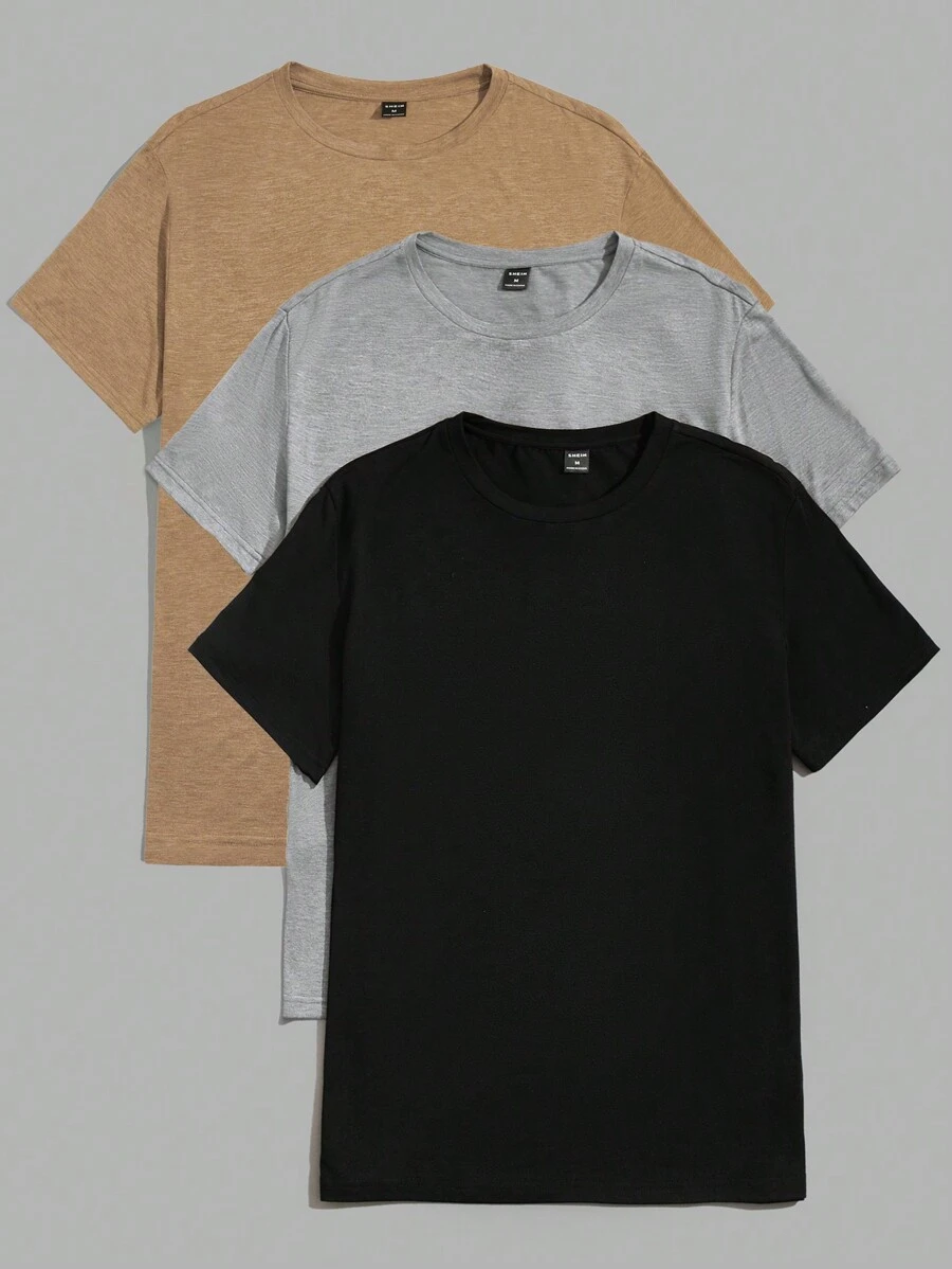 SHEIN Men's Plain Simple Knitted Short Sleeve T-Shirt For Daily Wear - Light Grey - View 1