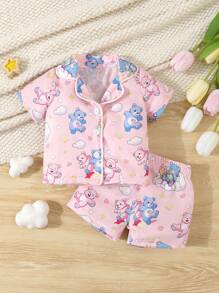 SHEIN Baby Girl Pink Panda Print Short Sleeve Cardigan With Shorts Casual 2pcs Home Outfit