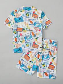 青少年男生簡約時尚印花開衫上衣和短褲，休閒寬鬆家居服 - 彩色 - 查看 2