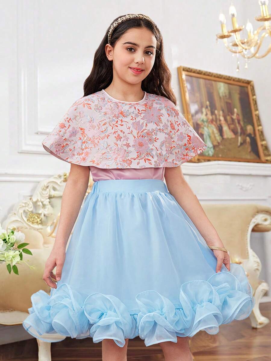SHEIN Tween Girl Lovely Floral Printed Cape Top & Mesh Splicing Sleeveless Shirt & Organza Ruffled Skirt Set - Blue - View 1