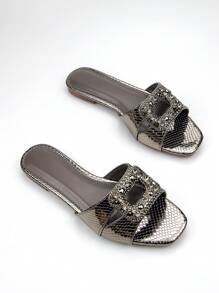 Women's Glamorous And Shiny Rhinestone Buckle Decor Grey Snake Texture Fabric Fashionable And Comfortable Square Toe Flat Mules For Daily Party Wear - Grey - View 4