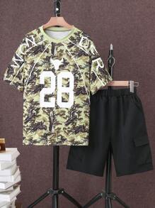 Conjunto de camiseta e shorts casual de basquete com estampa de camuflagem para adolescentes, roupa esportiva de moda de rua, 2 peças - Multicolorido - Visão 1