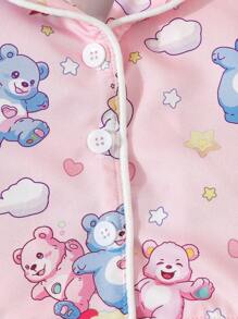 SHEIN Baby Girl Pink Panda Print Short Sleeve Cardigan With Shorts Casual 2pcs Home Outfit