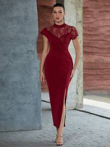 酒紅色不對稱短袖蕾絲分層連衣裙 - 酒紅色 - 查看 4