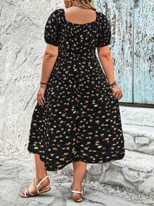 SHEIN LUNE Vestido de mujer talla grande con escote cuadrado, manga corta abullonada, estampado floral y bajo con abertura, conjunto de vestir de verano para mujer - Negro - Ver 2