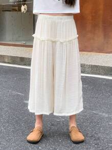 SHEIN Tween女孩純色簡約休閒度假長褲 - 杏色 - 查看 2