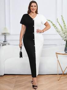SHEIN Clasi 大码 V 领修身拼色泡泡袖黑白连衣裙 - 黑與白 - 查看 1