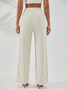 RueChic Women Side Panel Embroidery Linen Pants - Beige - View 2