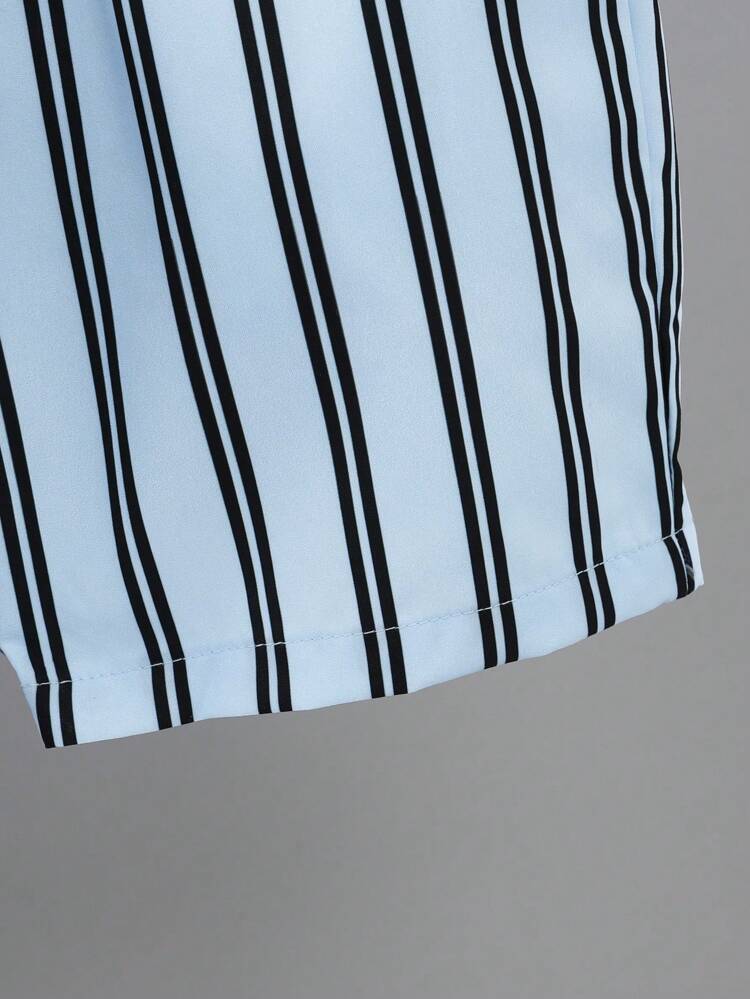 3pcs Young Boys' Casual Striped, Tie & Printed Collar & Pocket Short Sleeve T-Shirts, Shorts & Shirts Set; Loose, Comfortable, Breathable And Versatile Clothing & Accessories, Suitable For Parties, School, Vacation, Family Gathering At Home In Spring And Summer