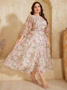 Plus Size Non-Positional Flower Round Neck Silk Chiffon Lantern Sleeve Floral Printed Waistband With Beads Elegance & Style Maxi Formal Dress Elegant Cocktail Semi Formal Prom Wedding Guest Dress, For Birthday, Graduation, Dinner, Homecoming - Pink - View 3