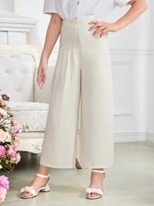 Tween Girl Loose Cute Solid Color High Waist Culottes With One-Sided Pleated Leg, Capri Length