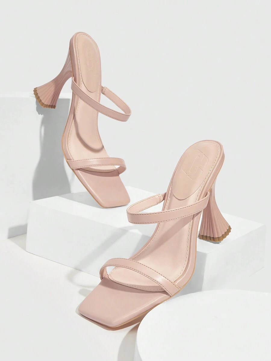 女鞋時尚方頭米白色多用途馬蹄跟高跟涼鞋 - 杏色 - 查看 1