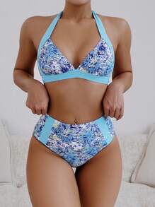 SHEIN Swim Summer Women's Vacation Plant Printed Halter Bandage Sexy Bikini Set - Multicolor - View 5
