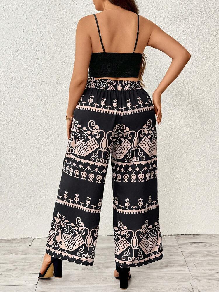 Plus Size Solid Color Summer Two-Piece Set With Printed Tie-Up Camisole And Pants For Vacation