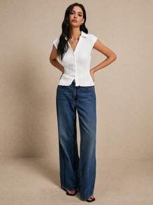 Poéselle 简约时尚生菜边饰纽扣前纹理修身 V 领 T 恤，夏季假期 - 白色 - 查看 6