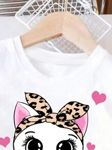 SHEIN Leap Crew Two Pieces Outfits, Summer Sets, White Top, Black Shorts, Baby Girl Casual Simple Cartoon Cat Pattern Short Sleeve Set, Suitable For Spring And Summer - Multicolor - View 3