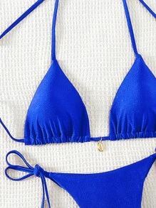 Swim Vcay 女性實色露背頸帶性感比基尼套裝，適用於度假 - 寶藍色 - 查看 5