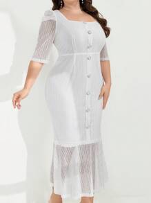 Modelyn Plus Size Women's Simple Solid Color Net Yarn Daily Dress