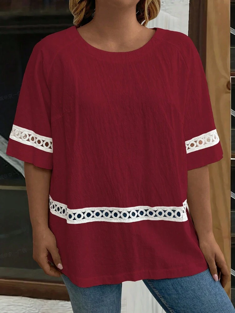 Plus Size Solid Color Round Neck Lace Spliced Summer Casual Short Sleeve Blouse
