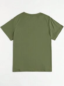 Flirla Milan Italy Solid Color Plus Size Round Neck T-Shirt With Letter Print - Olive Green - View 2