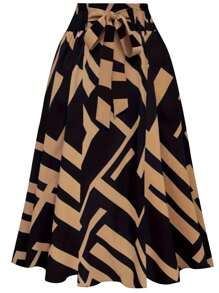 New Products In Autumn And Spring. Retro-Style Geometric Art Print Skirt. Black Contrasting Color High-Waisted Lace-Up Waist And Wide Swing A-Line Skirt. Slim And Long Style. Retro And Elegant Commuting And Dating. Daily Multi-Scenario Wear Women's Skirt.