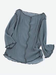 FRIFUL Spring Boat Neck Contrasting Colors Exposed Seam Texture Casual Top