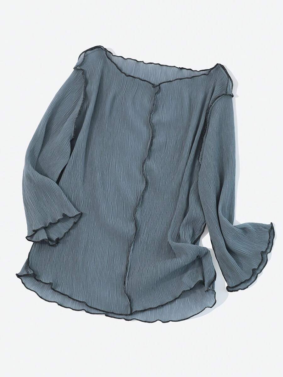 FRIFUL Spring Boat Neck Contrasting Colors Exposed Seam Texture Casual Top