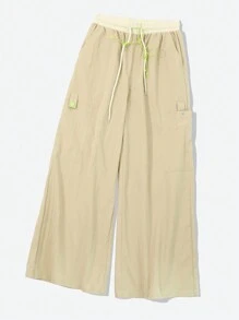 FRIFUL Women Casual Color Blocking Drawstring Waist Wide Leg Pants With Multiple Pockets