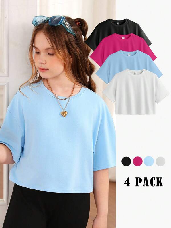 SHEIN Chemisier ample à manches courtes pour filles préadolescentes de taille étendue, de couleur unie de base, style décontracté, haut à col court, en plusieurs articles
