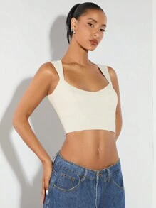 SHEIN BAE Summer Tops Built In Bra White Tank Top,Crop T Shirt - Khaki - View 4
