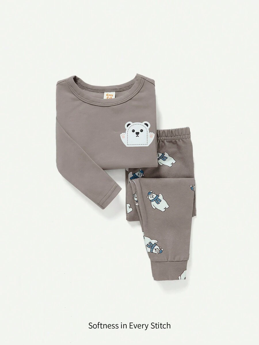 Cozy Pixies Đứa bé trai Vừa Khít Đồ ngủ , Gấu Hoạt hình Mô hình Vòng cổ Áo & Quần có chân Bộ - Xám - Xem 1