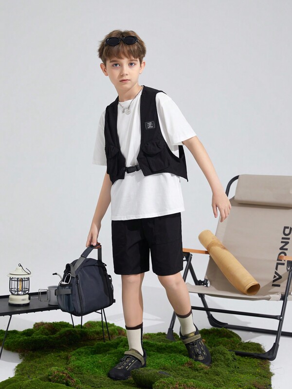 SHEIN 3pcs/Set Tween Boys' Loose Fit Casual Round Neck T-Shirt, Workwear Pocket Vest, Shorts Outfits