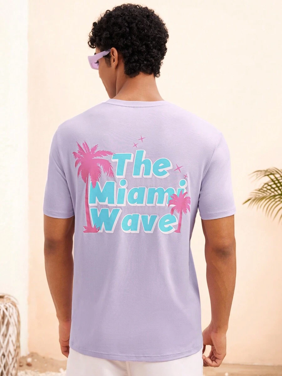 Manfinity VCAY Áo thun nam ngắn tay dệt kim in hình cây dừa cho mùa xuân hè - Màu tím - Xem 1