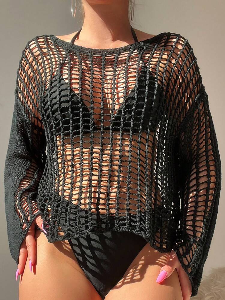 Women's Vacation Solid Color Round Neck Hollow Out Batwing Sleeve Loose Cover-Up Top Summer