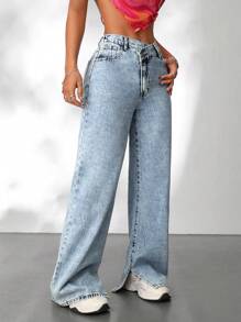 SHEIN PETITE Women's Casual Wide-Leg Jeans With Slit Hem And Diagonal Fly, Blue