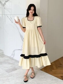 DAZY Women's Color Contrast Puff Sleeve Casual Daily Wear Short Sleeve Dress For Summer,Ruffle