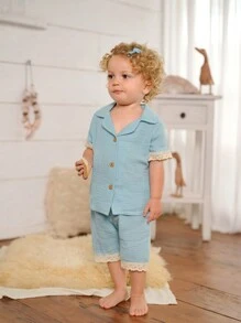SHEIN Baby Girls' Simple Lake-Blue Short-Sleeved Shorts Casual Two-Piece Homewear Set - Blue - View 6