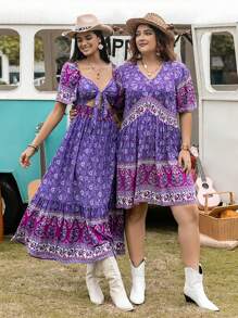 Rusttydustty Women's Purple Floral Print V-Neck Short Sleeve Short Dress Boho Easter Beach Outfits Hawaii Music Festival Tropical Vacation - Multicolor - View 7