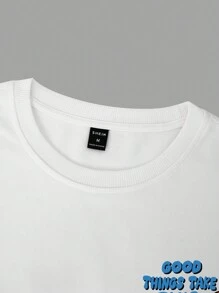 Claim Dot 男士夏季运动休闲宽松趣味宇航员和字母图案印花短袖圆领 T 恤，适合外出、送给朋友 - 白色 - 查看 5