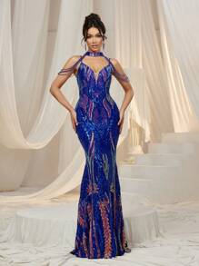 Faeriesty 链条细节亮片吊带美人鱼连衣裙 - 寶藍色 - 查看 4