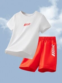 SHEIN 6 件/套青少年男孩休闲运动图案圆领短袖 T 恤和短裤针织 2 件套服装，共 6 件，3 种颜色可选 - 彩色 - 查看 9
