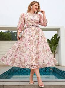 Plus Size Non-Positional Flower Round Neck Silk Chiffon Lantern Sleeve Floral Printed Waistband With Beads Elegance & Style Maxi Formal Dress Elegant Cocktail Semi Formal Prom Wedding Guest Dress, For Birthday, Graduation, Dinner, Homecoming - Pink - View 5