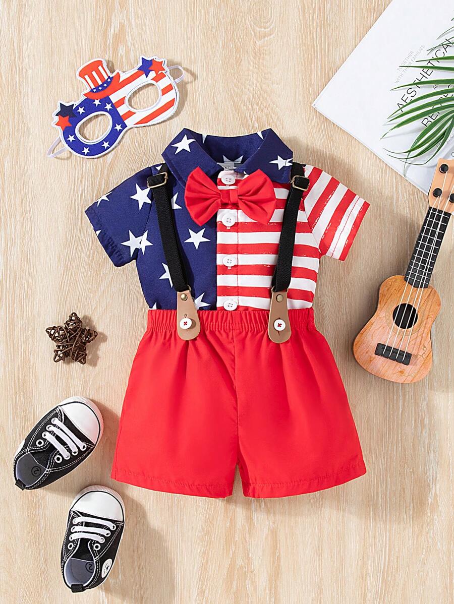 SHEIN 寶寶男童星條旗印花連身襯衫+眼罩套裝，2024夏季新款時尚，舒適優雅 - 彩色 - 查看 1