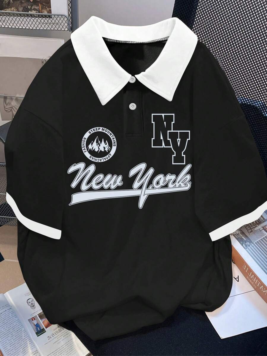 Claim Dot Men's Fashionable Color-Block Printed Short-Sleeve Polo Shirt, Men's Polo Shirt, New York Polo Shirt - Black and White - View 1